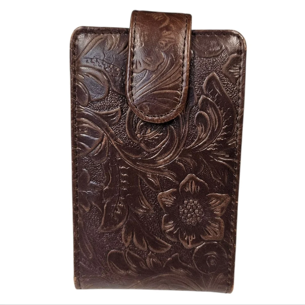 Vintage Tooled Leather Flip Phone Holder – Western Floral Embossed Brown Case